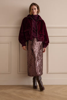 Knitted Faux Fur Jacket, Berry-oui