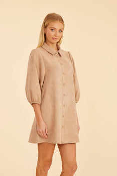 Faux Suede Puff Sleeve Shirt Dress-Dolce Cabo