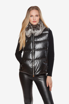 Linda Richards down vest with silver fox collar-black-Linda Richards