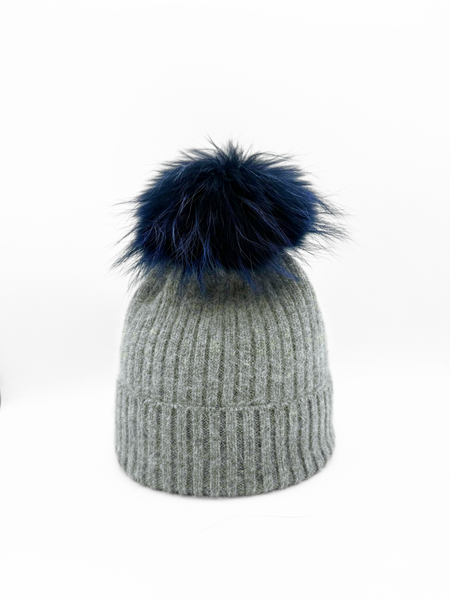 Linda Richards Angora/Wool Hat, Grey/Navy Pom-Linda Richards