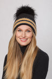 Linea Richards Wool Hat, Stripe Fold Hat- Black, Gold, Cream-Linda Richards