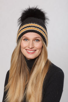 Linea Richards Wool Hat, Stripe Fold Hat- Black, Gold, Cream-Linda Richards