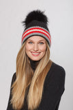 Linda Richards Wool Hat-Stripe fold Black, Red, Grey, Cream-Linda Richards