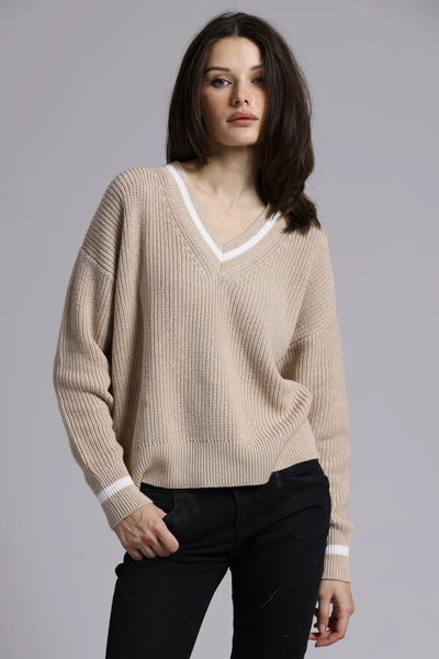 Cotton Cashmere Shaker Relaxed V Neck with Tipping-Minnie Rose