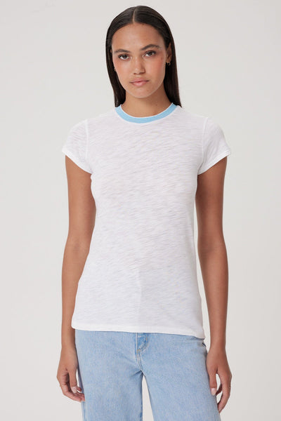 Goldie Short Sleeve Ringer Tee, White/ Blue-Goldie