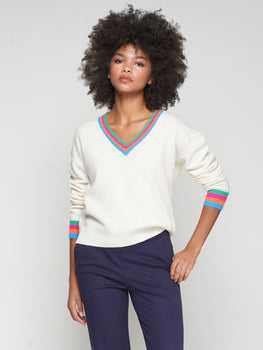 Vilagllo V-Neck Multi Stripe Sweater, Ecru-Vilagallo
