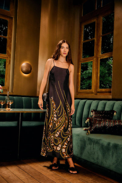 FARM Rio Garden Silhouette Midi Slip, Black-Farm Rio