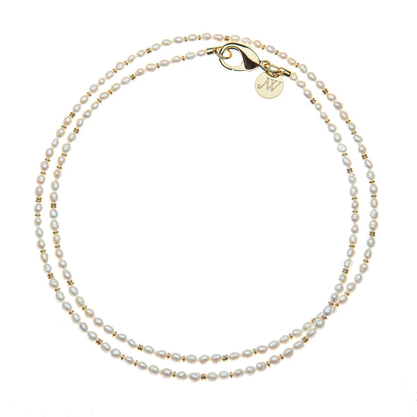 Double Wrap Rice Pearl Necklace, Gold White-Jane Win