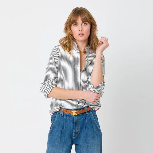 KR Mia Ruffle Stripe Shirt, Black-Kerri Rosenthal