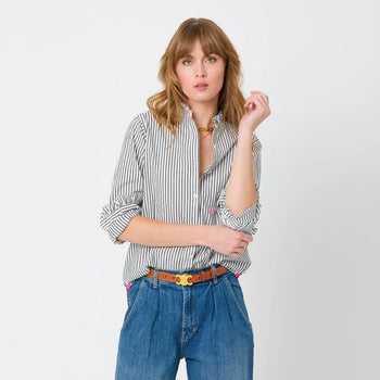 KR Mia Ruffle Stripe Shirt, Black-Kerri Rosenthal