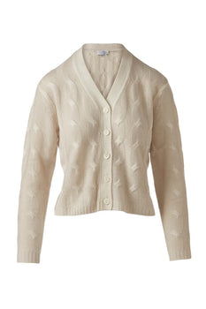 Spray Print V-Neck Cardigan, Dune-Kinross Cashmere