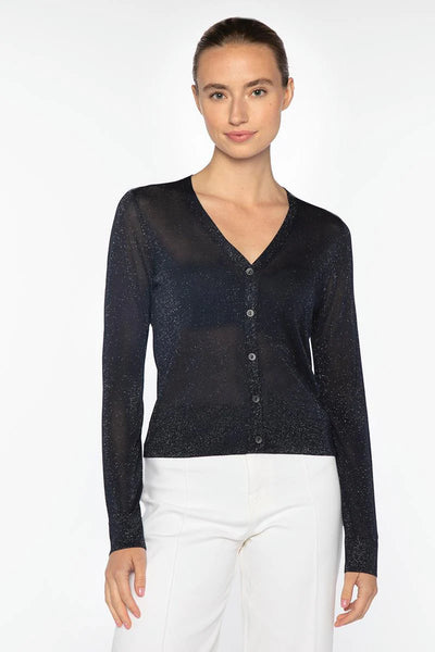 Shimmer Button V- neck Cardigan, Navy-Kinross Cashmere