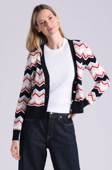 Cotton Cashmere Chevron V Neck Cardigan, Navy Combo