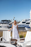 V-Neck Smocked Midi, White-Sail to Sable