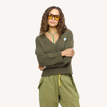 KR Saturday V Neck Sweater, Army Green-Kerri Rosenthal