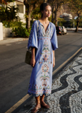 Garden Tapestry Embroidered Long Sleeve Midi Dress, Blue-Farm Rio
