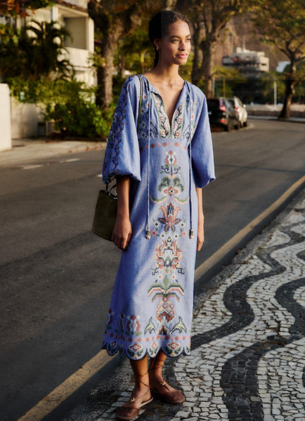 Garden Tapestry Embroidered Long Sleeve Midi Dress, Blue-Farm Rio