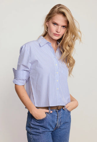 The Long Sleeve Boxy Crop, White/Blue Stripe-The Shirt - Rochelle Behrens