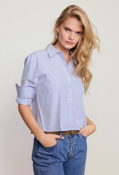 The Long Sleeve Boxy Crop, White/Blue Stripe-The Shirt - Rochelle Behrens