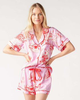 Après Ski Toile Pajama Shorts Set- Cranberry/ Lilac-Katie Kime