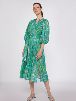 Claudette Dress, Green Paisley-Vilagallo