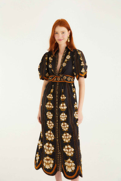 FARM Rio Embroidered Flowers Midi Dress, Black-Farm Rio