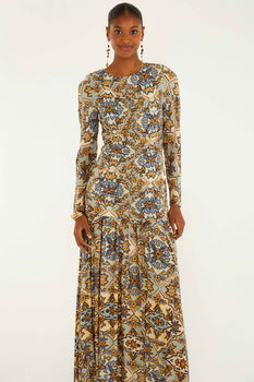 FARM Rio Winter Tapestry Long Sleeve Maxi, Blue-Farm Rio