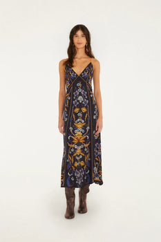 Golden Nature Maxi Slip Dress, Navy Blue-Farm Rio