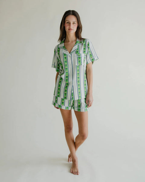 Pajama Short Set, Garden Stripe Green-Katie Kime