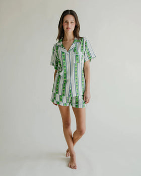 Pajama Short Set, Garden Stripe Green-Katie Kime