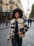 Vilagallo Check Bomber Jacket With Fringe, Beige, Black, Grey-Vilagallo