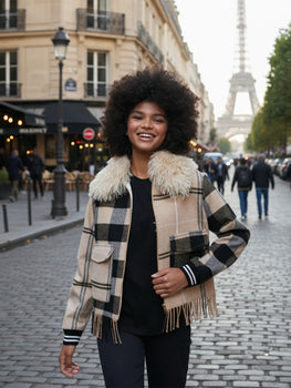 Vilagallo Check Bomber Jacket With Fringe, Beige, Black, Grey-Vilagallo