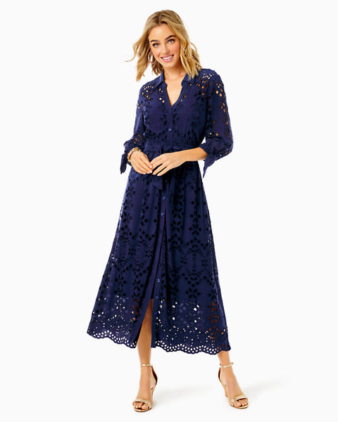 Amrita Eyelet Midi Dress, True Navy-Lilly Pulitzer