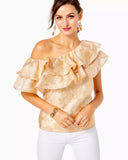 Trixie One Shoulder Ruffle - Gold Brocade-Lilly Pulitzer