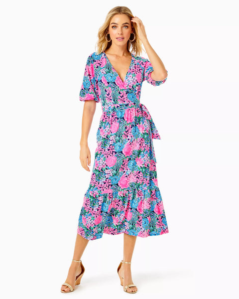 Brantley Midid Wrap Dress - Oyster Bay Navy Always Be Blooming-Lilly Pulitzer