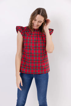 Plaid Flutter Sleeve Top, Red-Sail to Sable