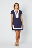 Short Sleeve Classic Tunic Dress, Navy & White-Sail to Sable