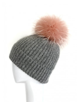 Angora/Wool Hat, Grey/Petal Pom-Linda Richards
